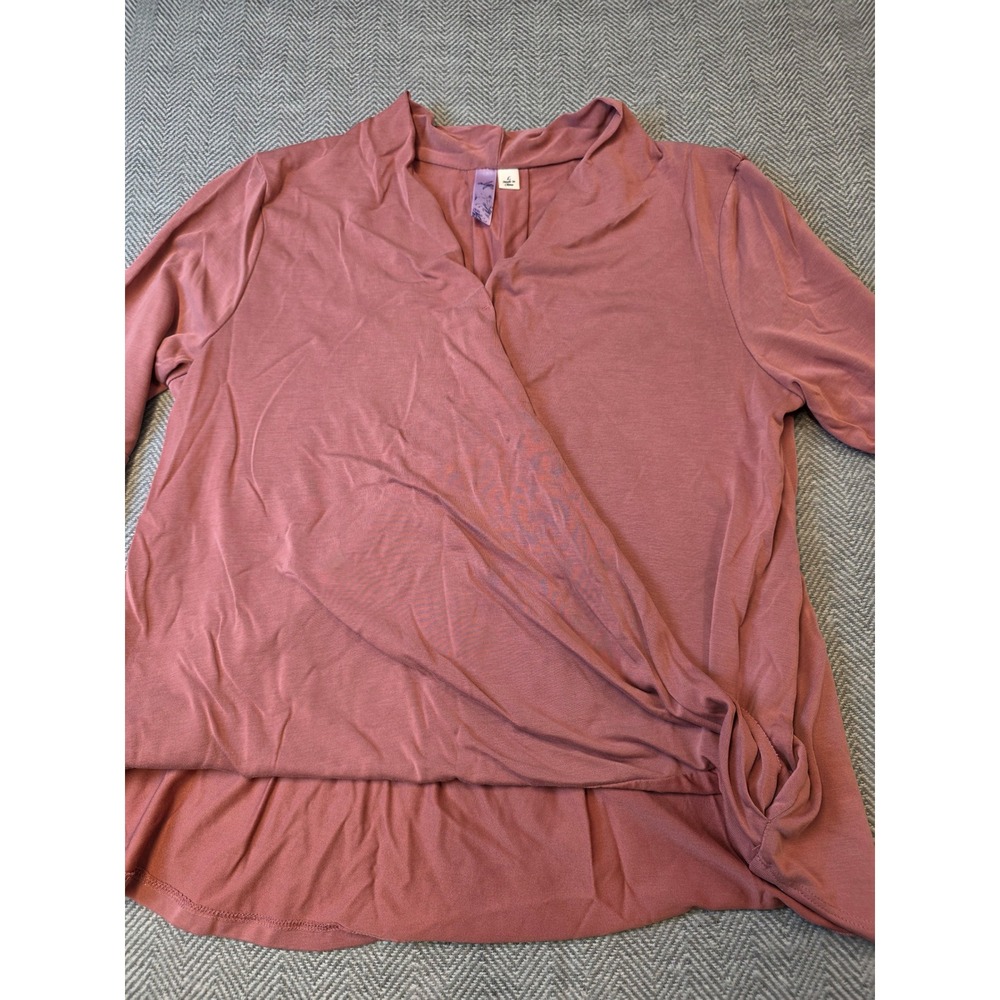 Alya Faux Wrap Top Womens Large Rose Mauve Stretch Side Knot V-Neck Bell Sleeve